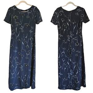 vintage t-shirt maxi dress watercolor floral crinkle chiffon size Medium blue